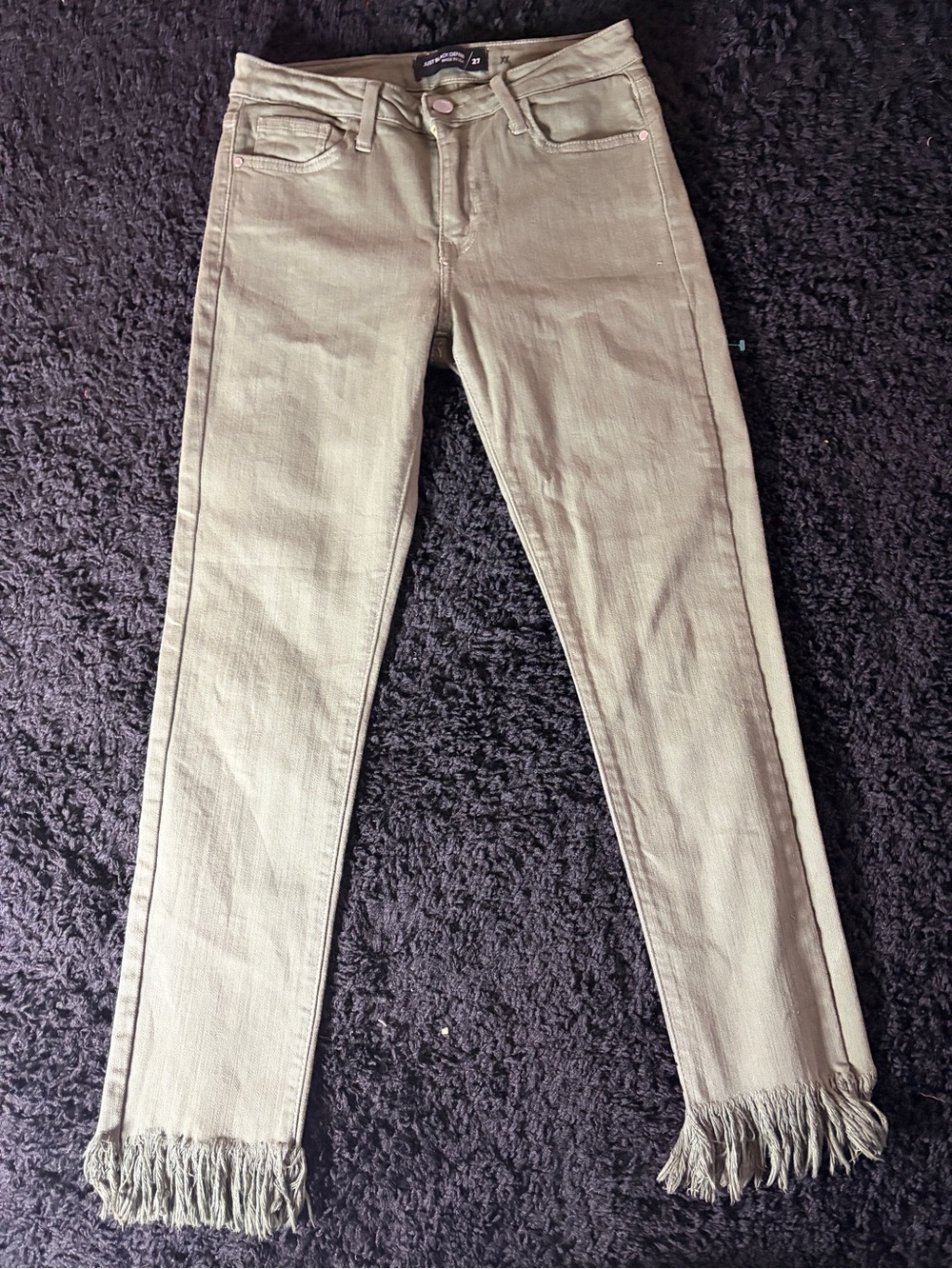 Just Black Olive Skinny Jeans with Fringe Hem